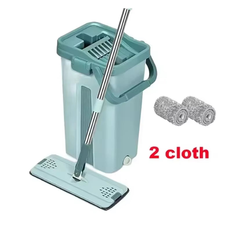 Flat Squeeze Mop with Bucket Hand Free Wringing Floor Cleaning Mop Microfiber Mop Pads Wet or Dry Usage on Hardwood Laminate