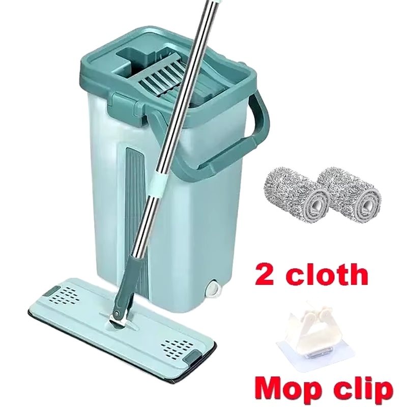 Flat Squeeze Mop with Bucket Hand Free Wringing Floor Cleaning Mop Microfiber Mop Pads Wet or Dry Usage on Hardwood Laminate