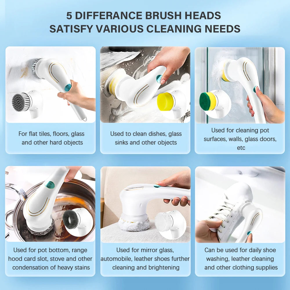 Electric Spin Cleaning Brush with 5 PCS Heads Cordless Portable Scrub Brush Handheld Scrubber Suitable for Bathroom Kitchen Tool